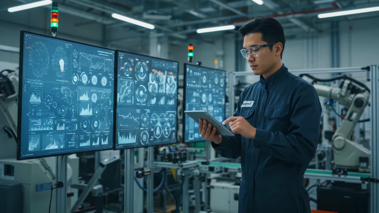Focused Technician Analyzing Data on Multiple Screens in a High-Tech Manufacturing Environment with Robotic Automation