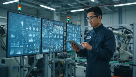 focused technician analyzing data on multiple screens in a high-tech manufacturing environment with robotic automation