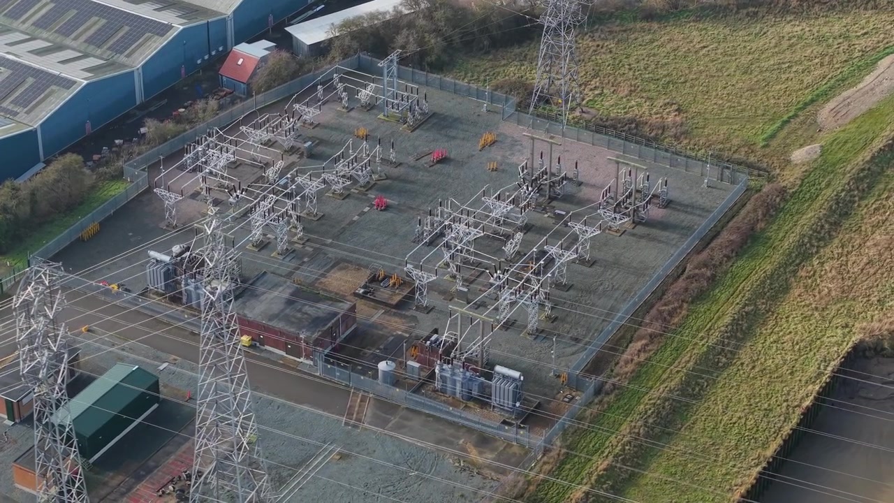 Aerial view of the power transmission network and electrical facility in Lincolnshire