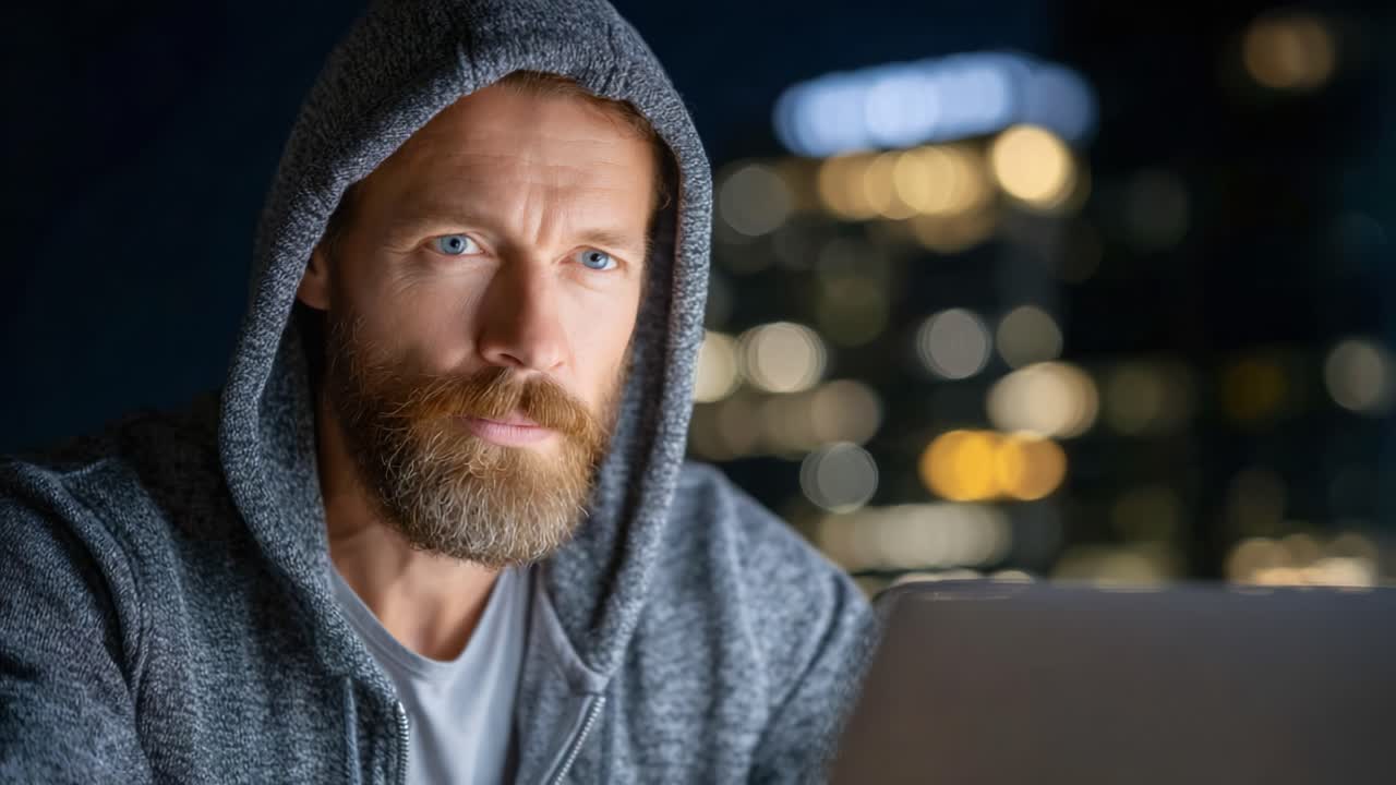 Focused Individual in Hoodie Engaged with Laptop Amidst a Night Cityscape, Capturing a Moment of Intense Concentration and Thoughtful Insight