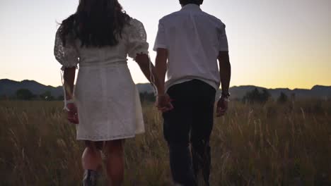 boy and girl hold hands and walk in a field in slow motion during sunset