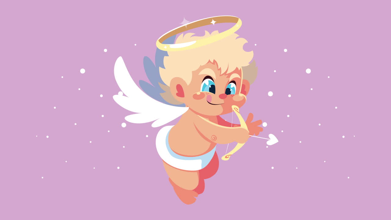 feliz tarjeta de día de san valentín con el ángel cupido volando y el arco