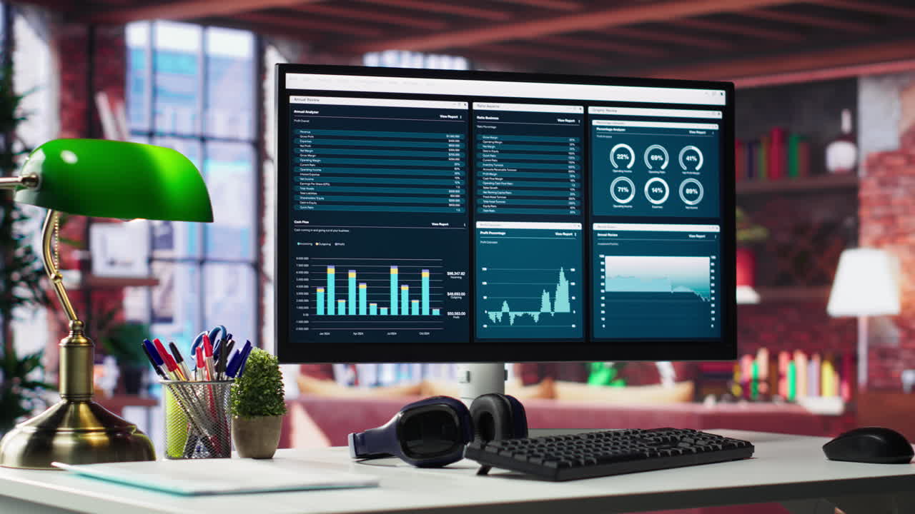 Vertical Video Empty modern desktop ready for business development work with infographics