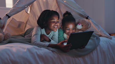 bed, night and girls with a tablet