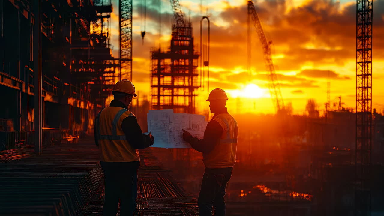 Workers discuss plans at a construction site during sunset with cranes in the background