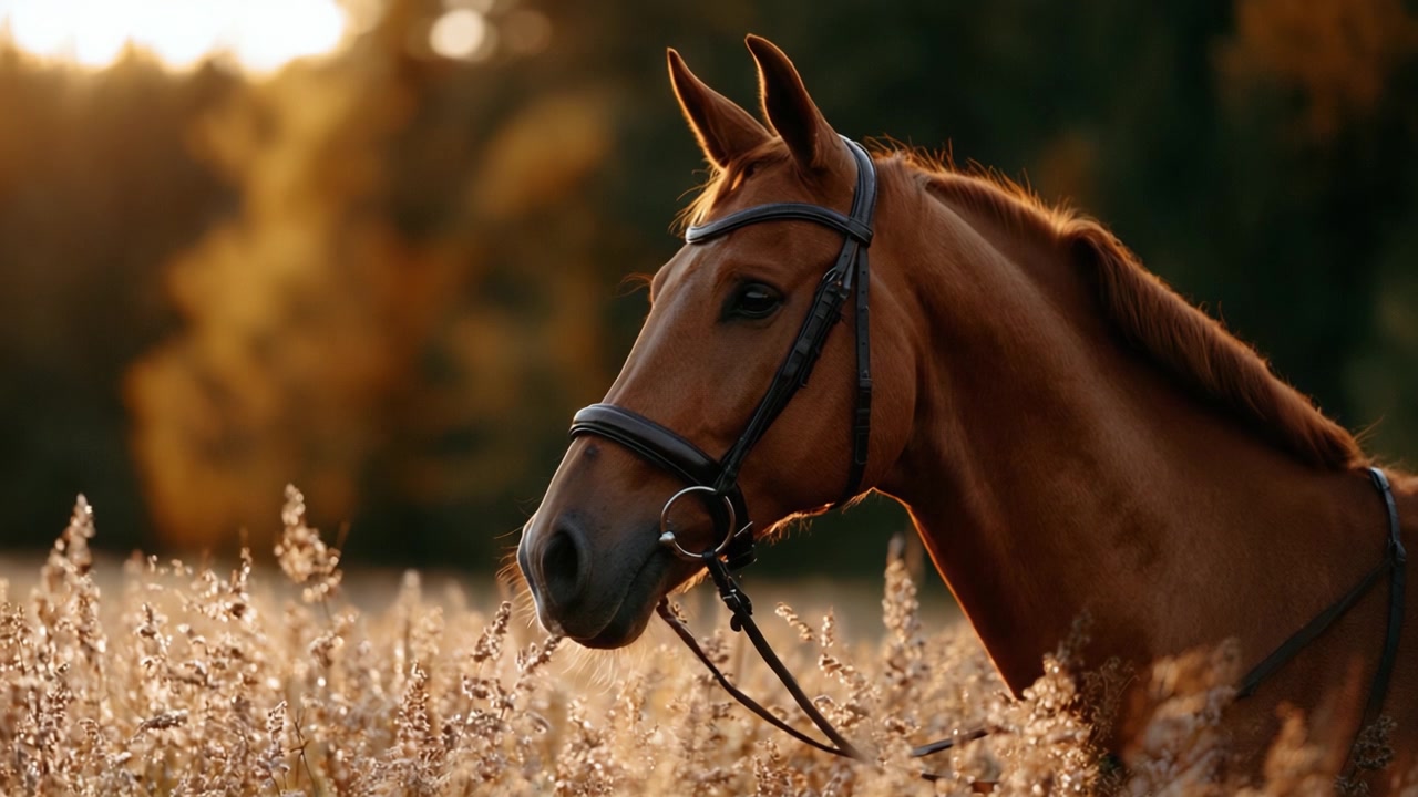 Un Cavallo Maestoso nello Splendore Incantevole dell'Autunno: Immagini Accattivanti di un Bellissimo Equino su uno Sfondo di Campi Dorati e Morbida Luce Serale