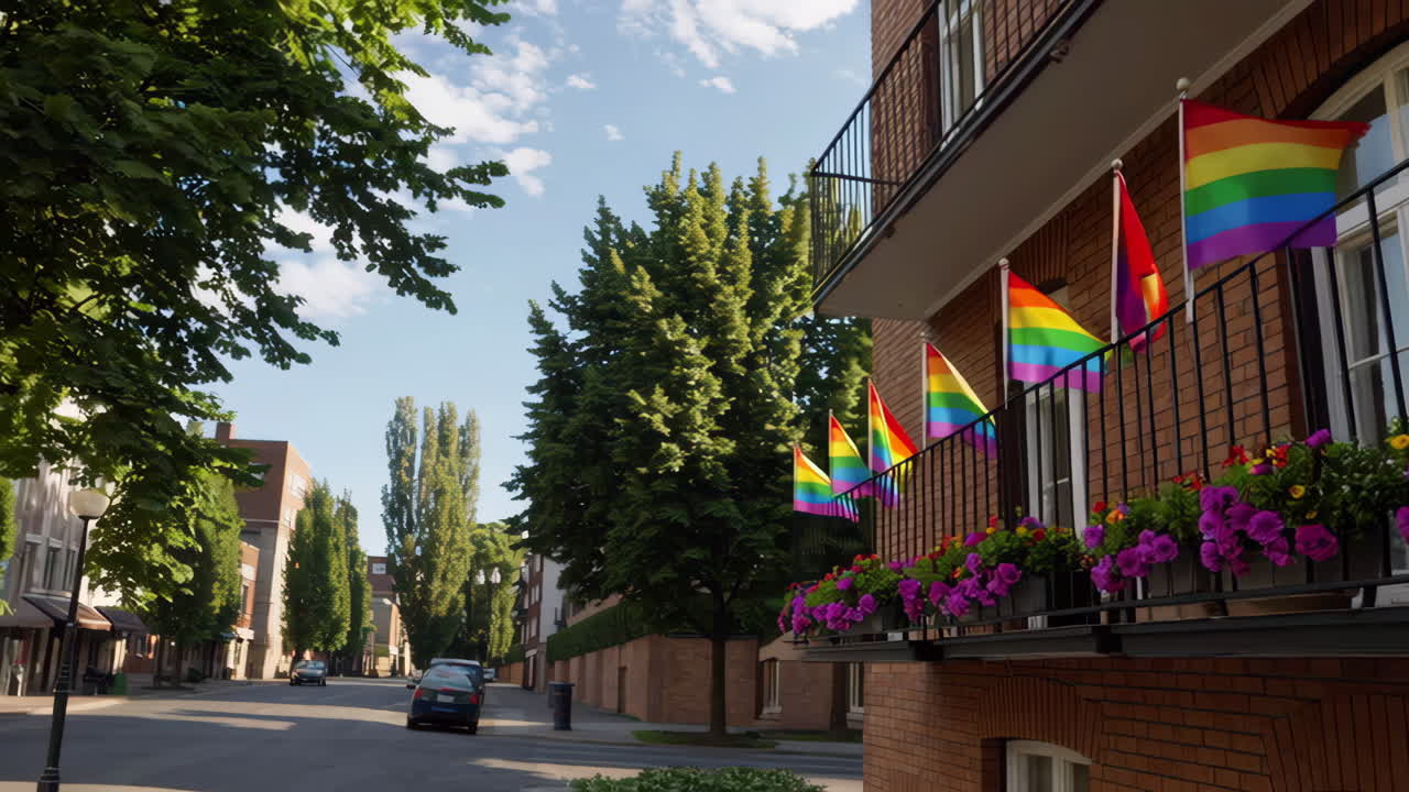 Rainbow Pride Flags on a City Street Balcony