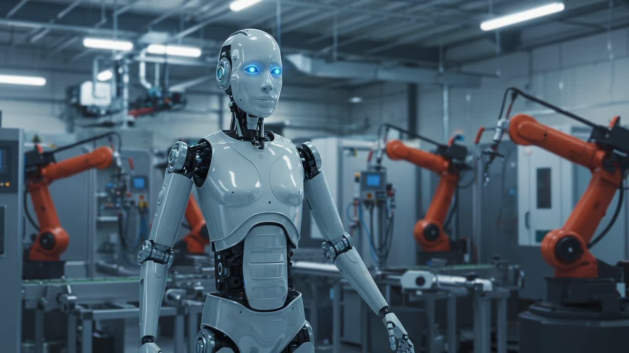 A state-of-the-art humanoid robot navigates a futuristic manufacturing facility, showcasing advanced technology alongside robotic arms enhancing automation and efficiency