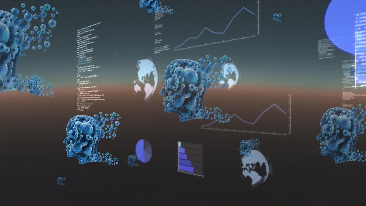 Animation of human heads with clogs and data processing with globes