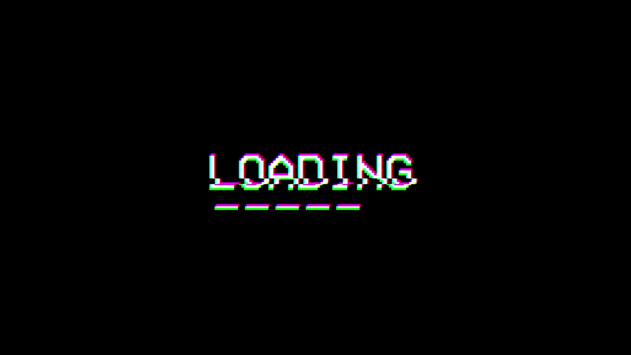 Pixelated Loading Text with Glitch Effect and Progress Bar on Black Background