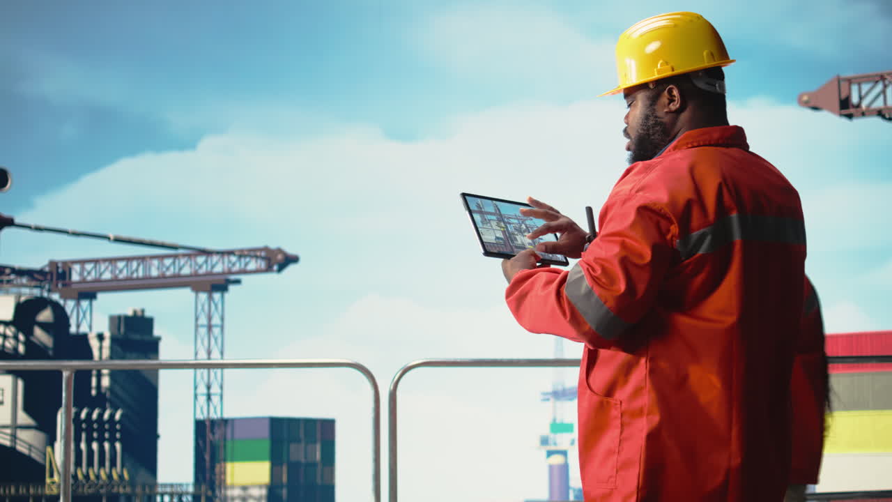 Vertical video Drilling rig ship employee using tablet app to monitor equipment systems