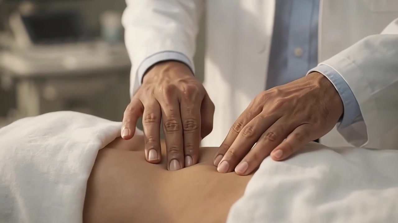 Medico che esegue un esame addominale su un paziente in clinica