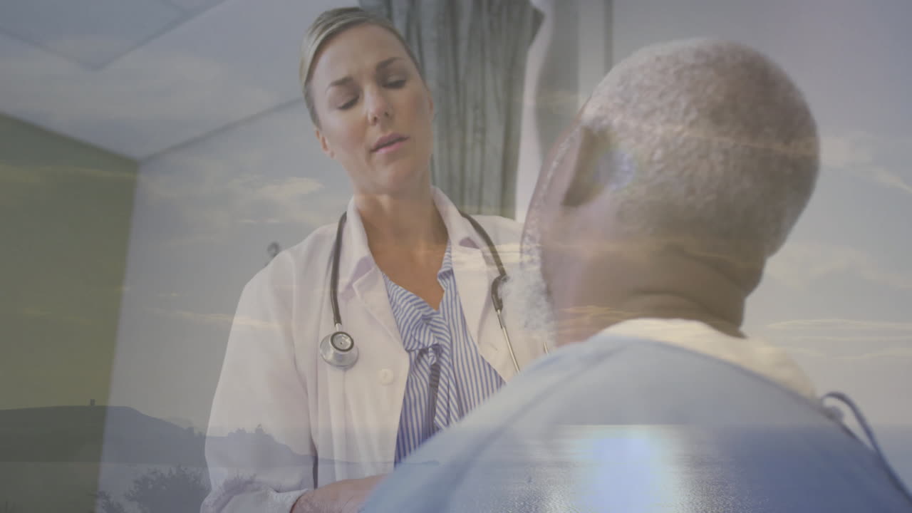 Consulting with patient, doctor discussing diagnosis with animation in hospital room