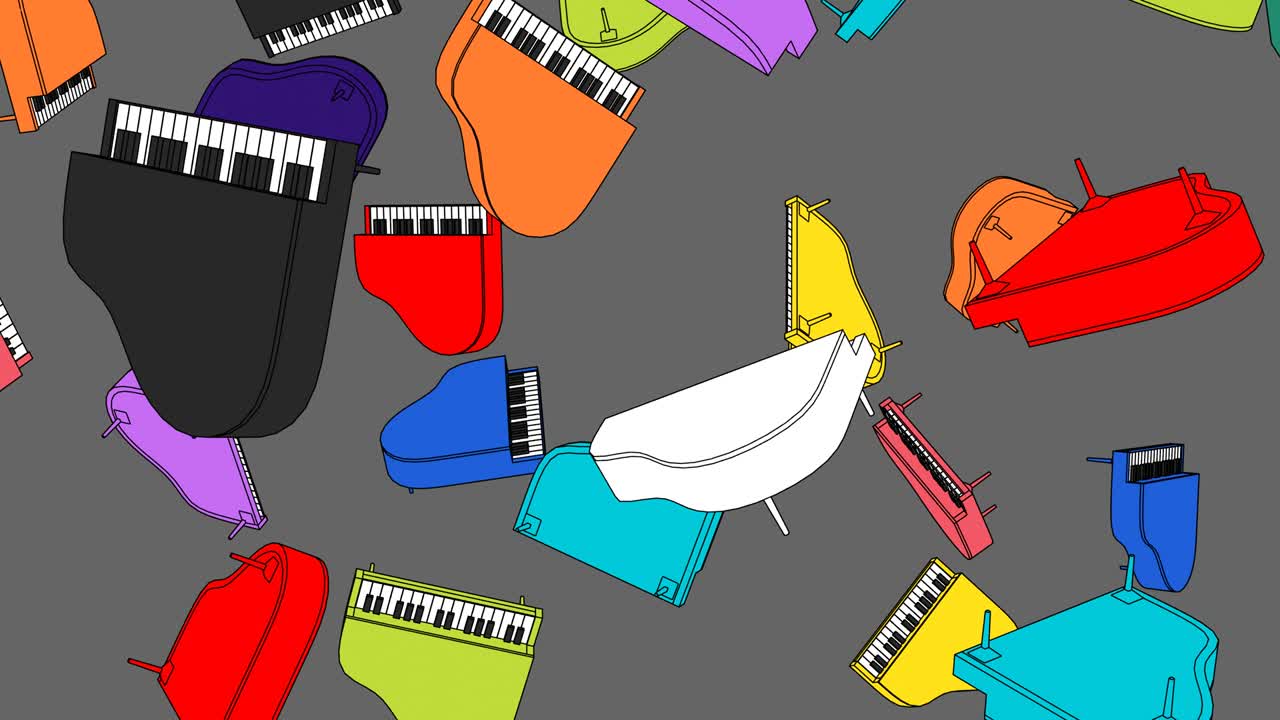 Molti pianoforti colorati su sfondo grigio