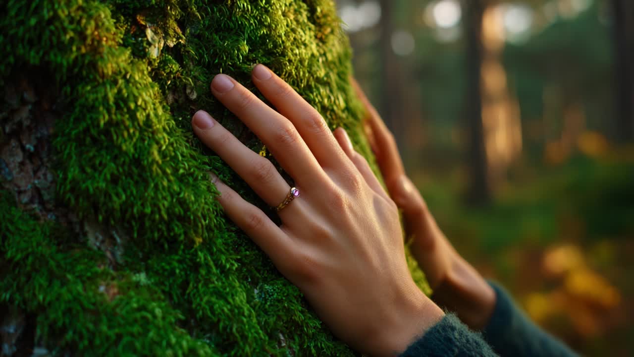 A Serene Connection with Nature: Delicate Hands Embrace a Moss-Covered Tree in an Enchanting Forest Setting, Evoking Beauty and Tranquility amid the Lush Greenery