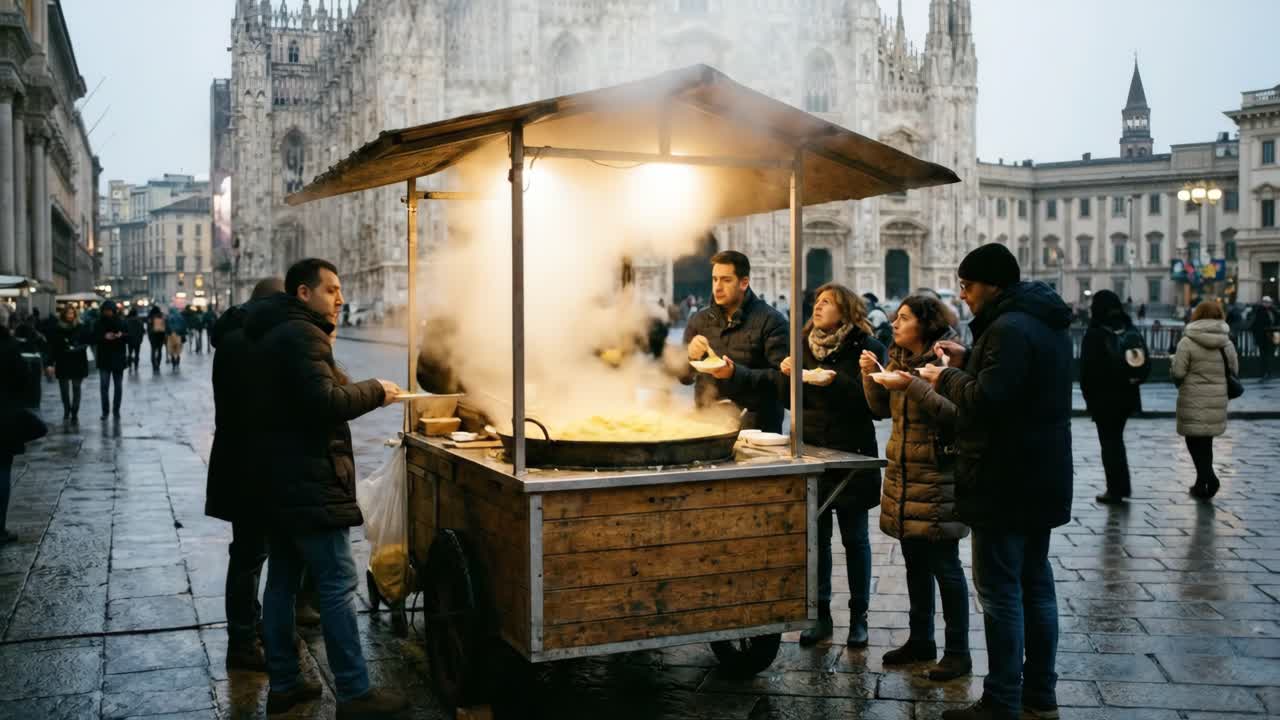 Mensen eten warm straatvoedsel van een kraampje op een Europees stadsplein