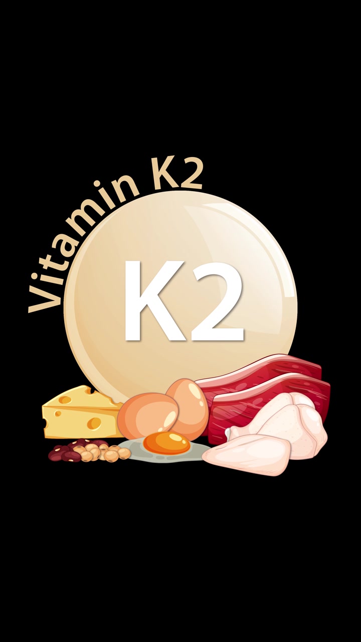 Una compressa di integratore di Vitamina K2 appare animata con testo etichettato, seguita da fonti alimentari illustrate come formaggio, carne, uova e noci, su sfondo nero.