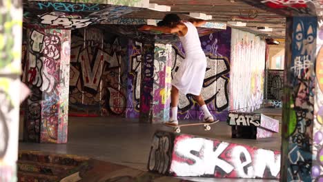 skateboarder executing tricks in graffiti-covered alley