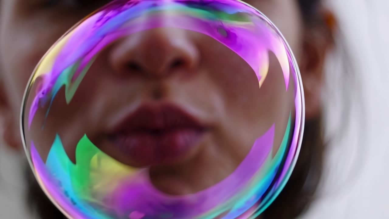 Close-up video of a person blowing a colorful soap bubble, captured from a front angle