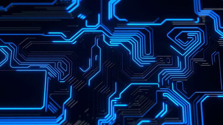 Primo piano di scheda a circuito stampato luminosa con tracce al neon e percorsi intricati, angolazioni macro ravvicinate, impulsi elettrici