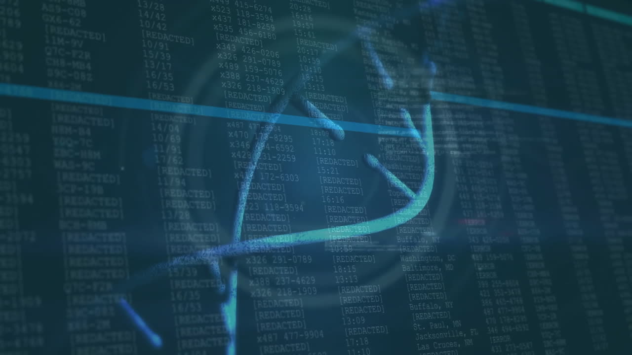 Glowing cyan DNA helix being visualized over dark teal code panels with highlighted data bars