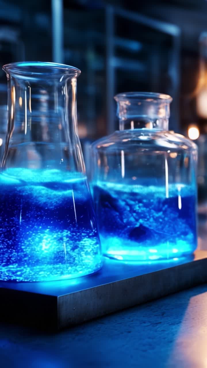 Beleuchtete Glasbecher mit blauer Flüssigkeit in einer Laborumgebung, die wissenschaftliche Experimente und Chemie im Fokus zeigen