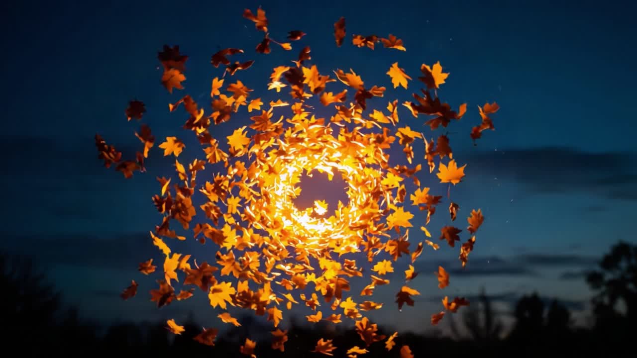 A Captivating Swirl of Autumn Leaves Enveloped in a Warm Glow, Creating a Mesmerizing Visual Display of Nature's Transitions Amidst a Twilight Sky