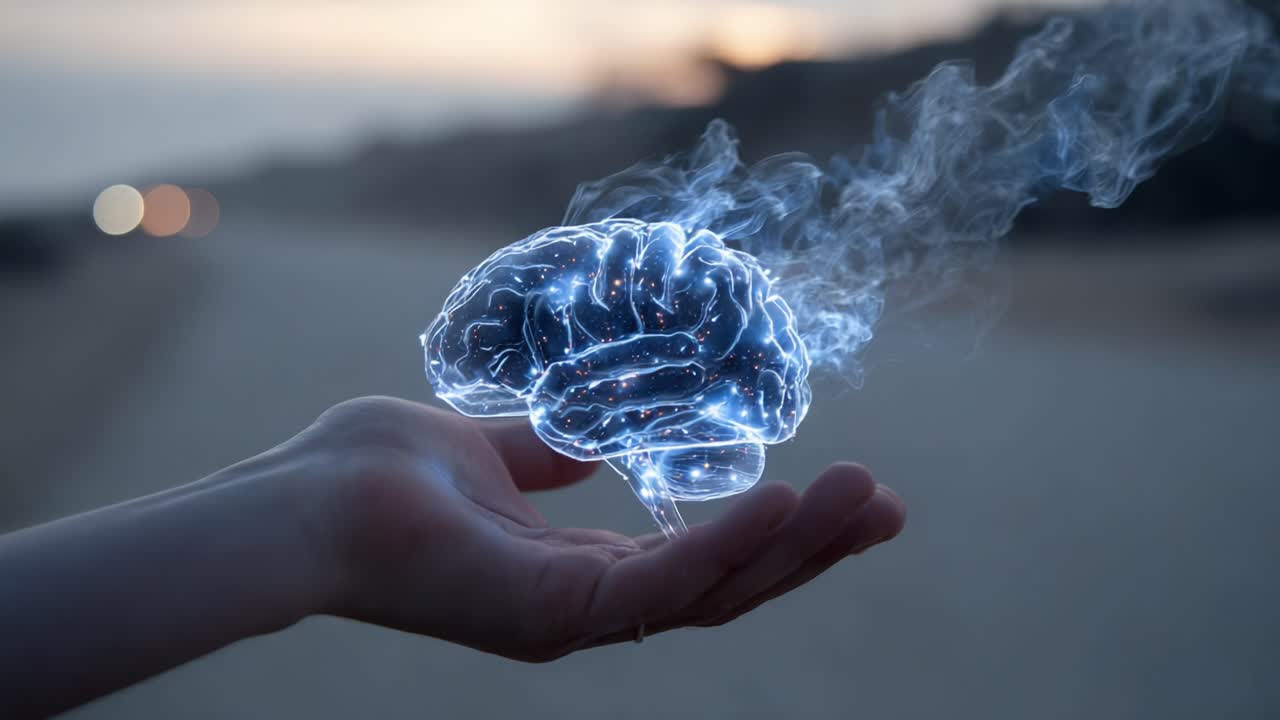 A glowing, holographic brain is held delicately in a hand, symbolizing the fusion of technology and intellect, showcasing a futuristic representation of human thought and creativity