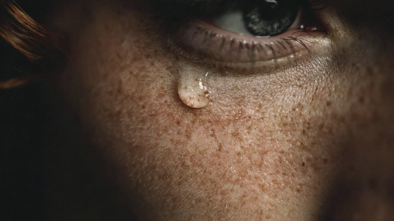 A Close-Up Shot Capturing the Intense Emotion of a Tear Rolling Down the Face, Highlighting the Intricacies of Skin Texture and Eye Expression
