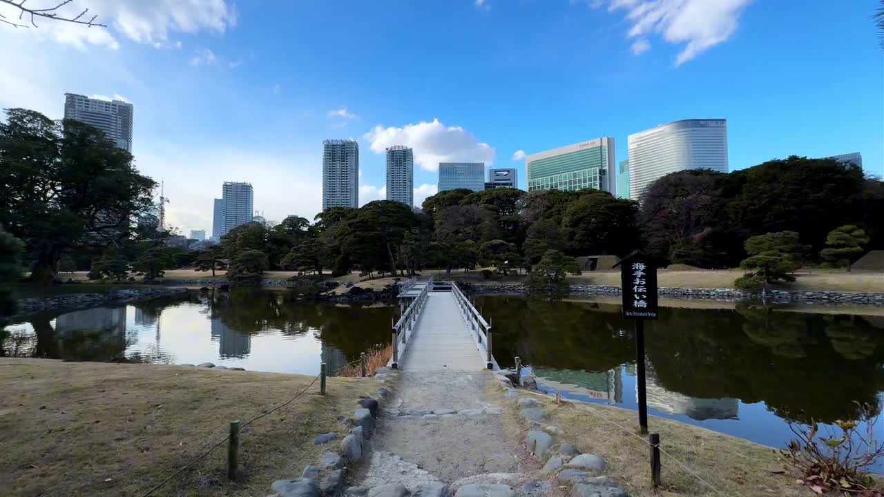 A serene Japanese garden bridge with cityscape backdrop, Hama Rikyu Gardens, Tokyo
