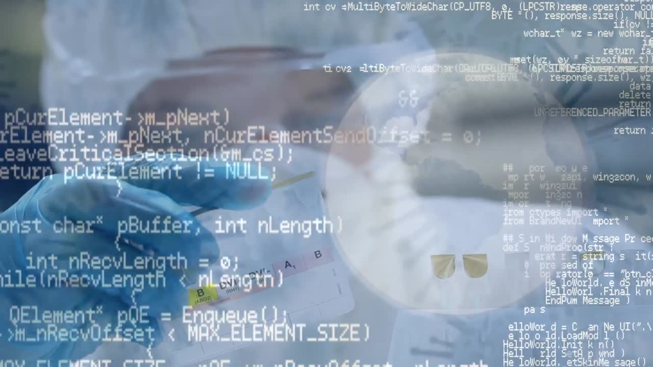 데이터 처리 및 바이러스 세포의 애니메이션 백인 남성 실험실 직원과  ⁇ 플