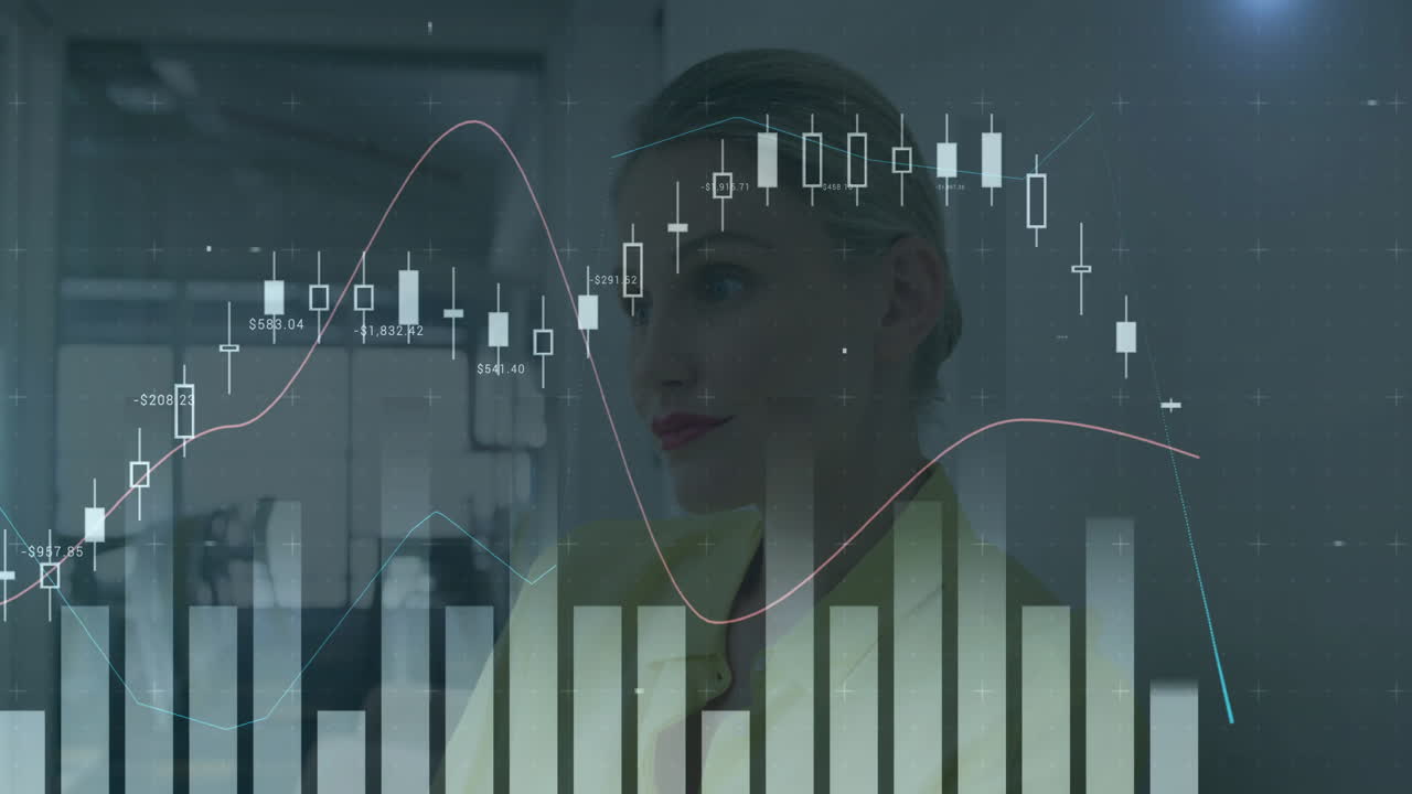 In office, smiling businesswoman with financial data chart animation in background