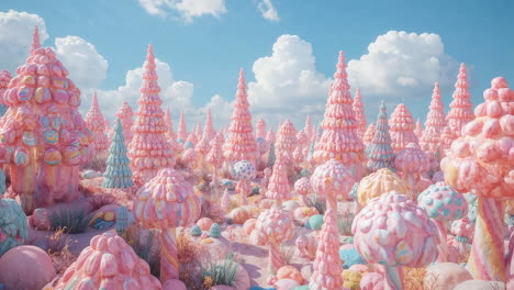 a whimsical candy land landscape with pink sugar trees