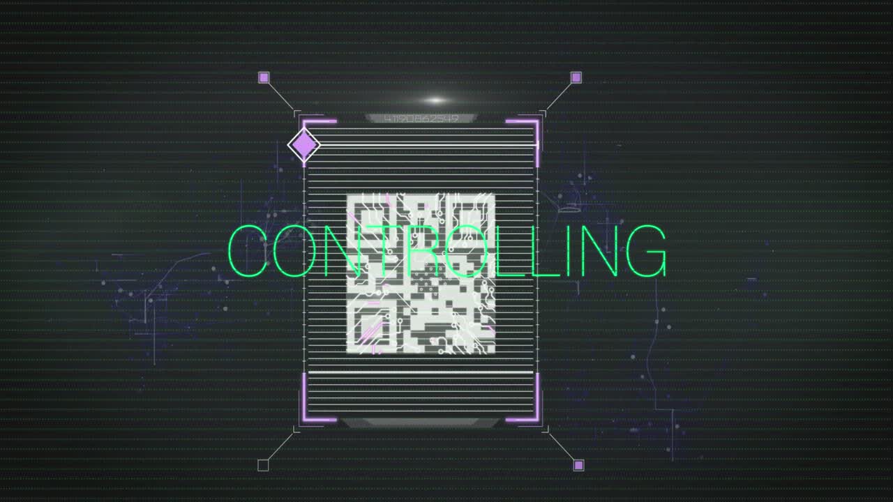 Animation of controlling text in green over qr code and fingerprint scanning on black background