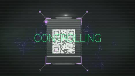 animation of controlling text in green over qr code and fingerprint scanning on black background