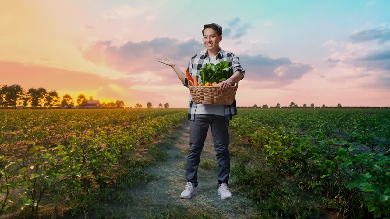 granjero con una canasta de verduras frescas