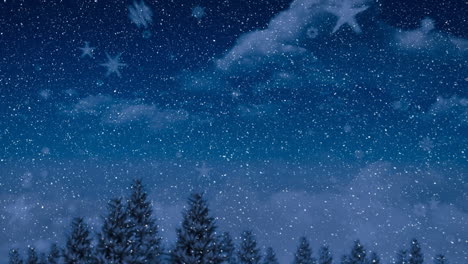 animation of snow falling over fir trees in winter landscape