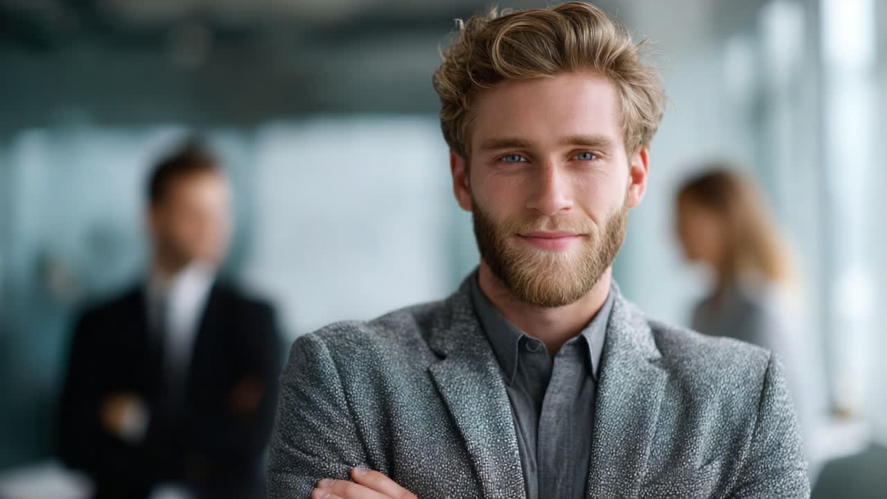 Confident Young Man in Stylish Attire Smiling for the Camera, Set Against a Professional Background of Colleagues in a Modern Office Environment
