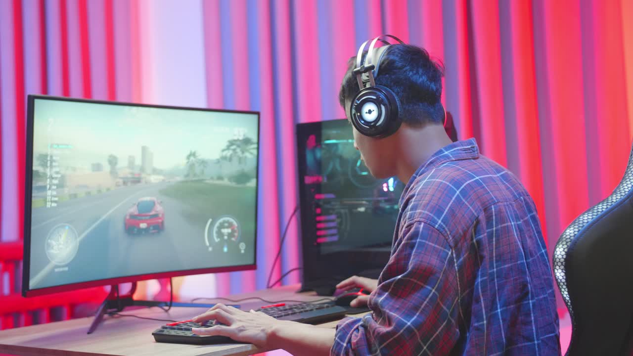 Gamer playing a racing video game