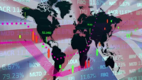 Exposición-Múltiple-De-Un-Gráfico-Gráfico-En-Movimiento-Con-Mapa-Y-Bandera-Británica-Contra-El-Teletipo-Del-Mercado-De-Valores