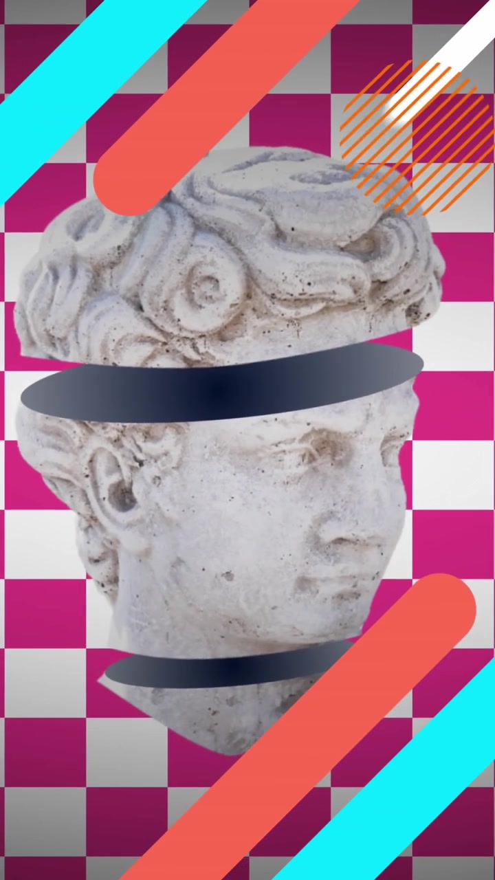 Animazione di scultura di testa antica sezionata su forme su sfondo a scacchi rossi e bianchi