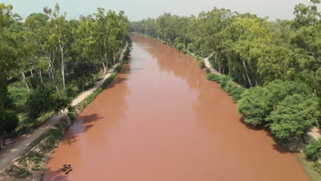 Eine-Luftaufnahme-Eines-Schlammigen-Flusses,-Der-Inmitten-Von-Bäumen-In-Der-Provinz-Punjab-Fließt