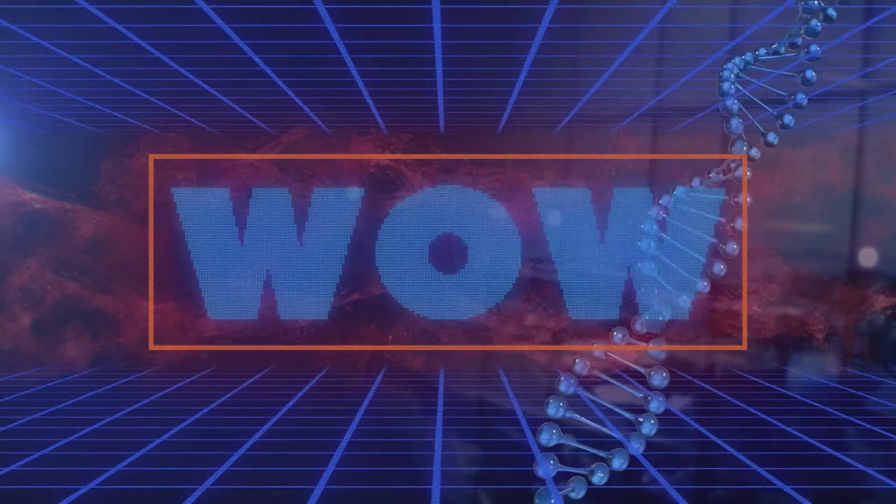 배경에 dna 구조와 그리드 패터가 있는 와우 텍스트의 애니메이션