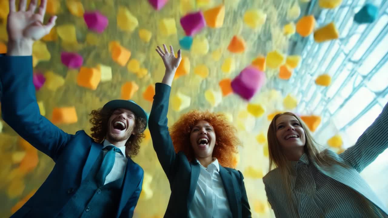 Joyful Celebration: A Group of Friends Exuberantly Enjoys a Festive Atmosphere as Colorful Paper Confetti Cascades Down Around Them, Capturing Moments of Pure Happiness and Laughter