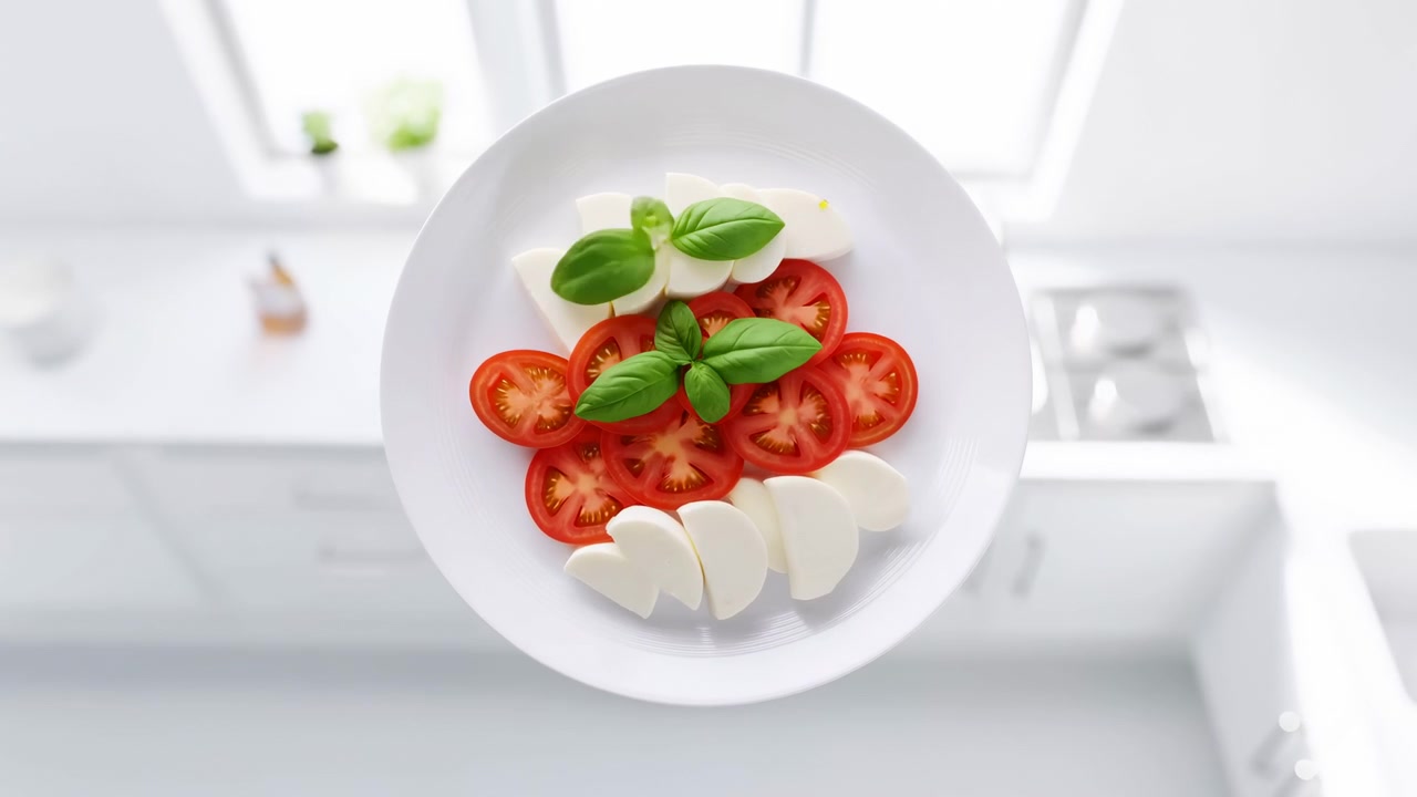 Un piatto di ceramica bianco tenuto appare vicino alla fotocamera mentre pomodori a fette, mozzarelle a rondelle, foglie di basilico, riccioli di scorza di limone e salsa cremosa creano una fresca presentazione di cibo in stile Caprese.