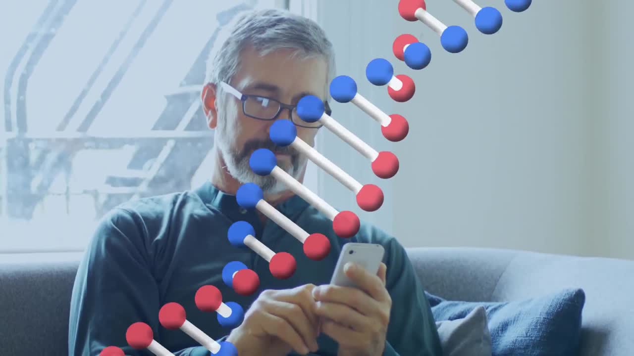 animación de la cadena de adn sobre el hombre usando un teléfono inteligente