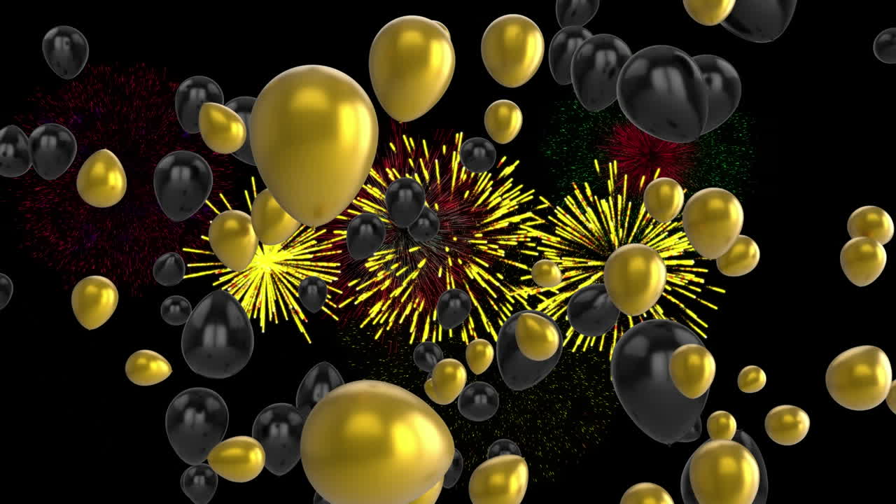 animación de globos negros y dorados con fuegos artificiales de navidad y año nuevo explotando en el cielo nocturno