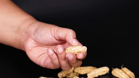 Hands peeling peanuts on a black background