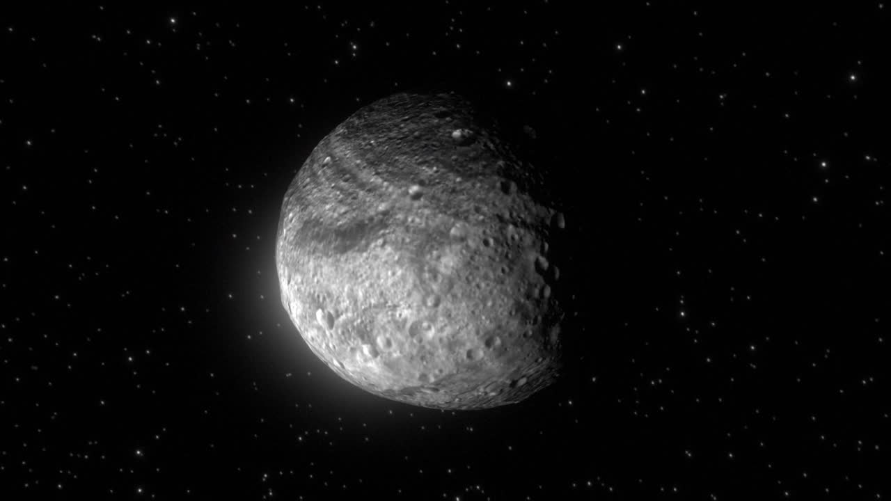 alta calidad y muy detallada representación de cgi de una toma de aproximación lenta del asteroide gigante vesta en el espacio profundo