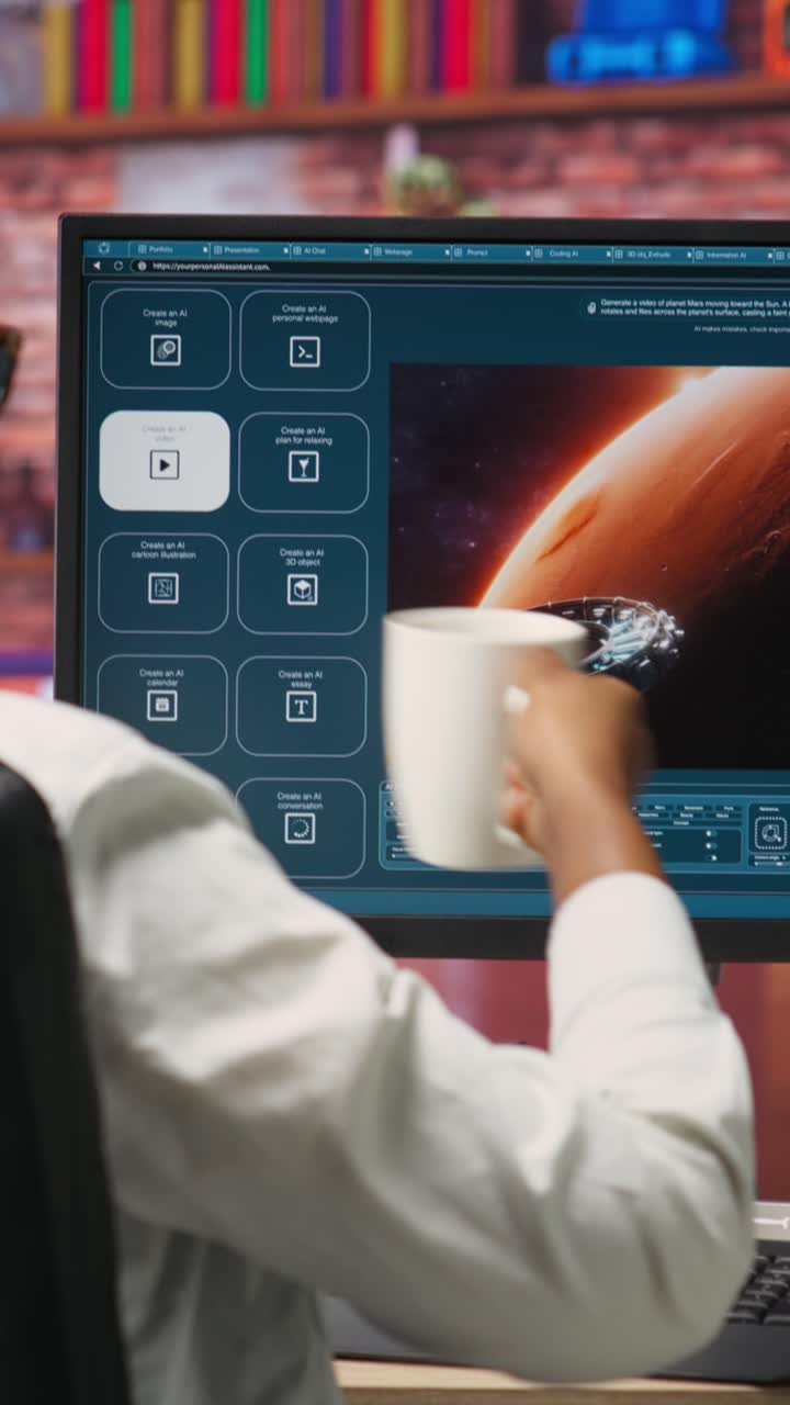 Vertical video Person at home solving tasks with AI program turning text prompt into videos